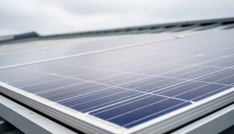Close-up of a solar panel surface showing cloud-reflected light under overcast conditions.