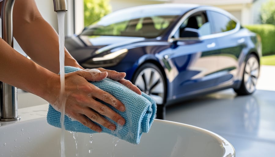 Person hand-washing an EV with a microfiber mitt and drying towel in natural daylight.