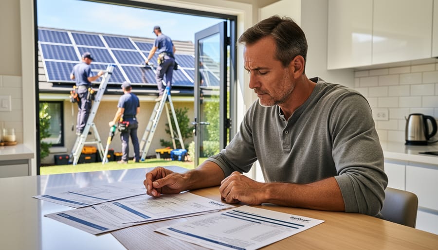 Homeowner reviewing solar installation paperwork at the front door with an installer carrying tools in the background