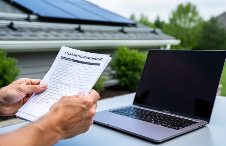 Homeowner reviewing a solar installation checklist beside a laptop, with residential solar panels visible in the background.