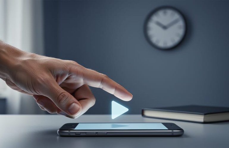 Hand hovering over a phone with a glowing play prompt, captured as a pause before taking action, with a blurred room background and an out-of-focus clock.