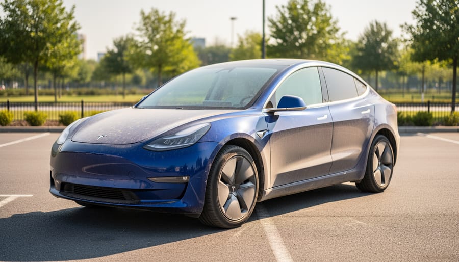Dark EV parked outdoors with visible dust and faint water spots on the hood in strong sunlight.