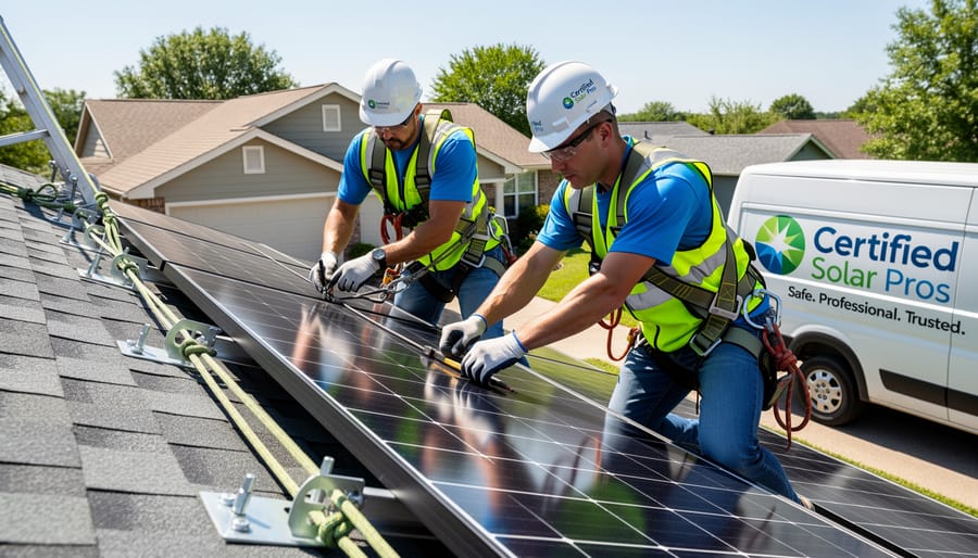Solar installer using safety harness and roof anchor on a residential roof with solar equipment nearby
