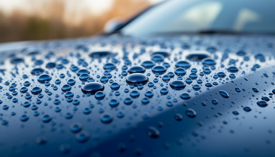 Close-up of water droplets beading on a glossy EV hood surface.