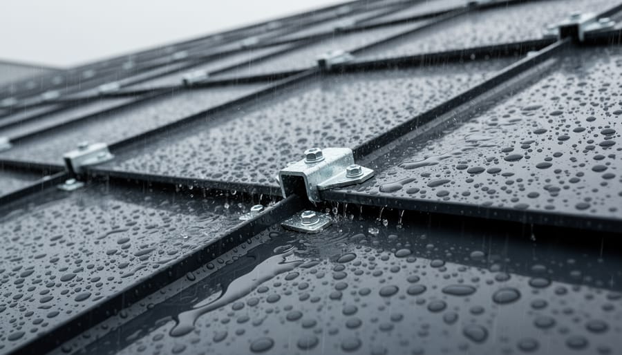 Solar panels on a standing seam metal roof with rainwater beading on the roof surface.
