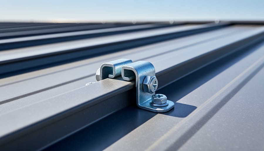 Close-up of a standing seam roof clamp seated on a raised metal seam.