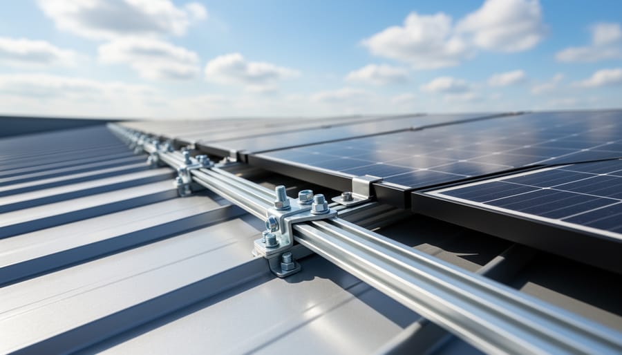 Residential metal roof with visible standing seam profile and solar panels installed on the roof.