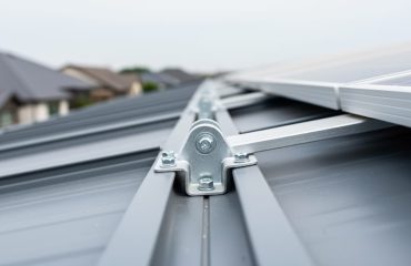 Close-up of a solar roof mounting clamp gripping a standing seam on a metal roof, with a solar panel edge partially visible.