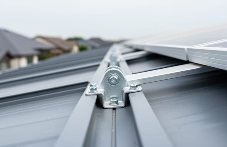 Close-up of a solar roof mounting clamp gripping a standing seam on a metal roof, with a solar panel edge partially visible.
